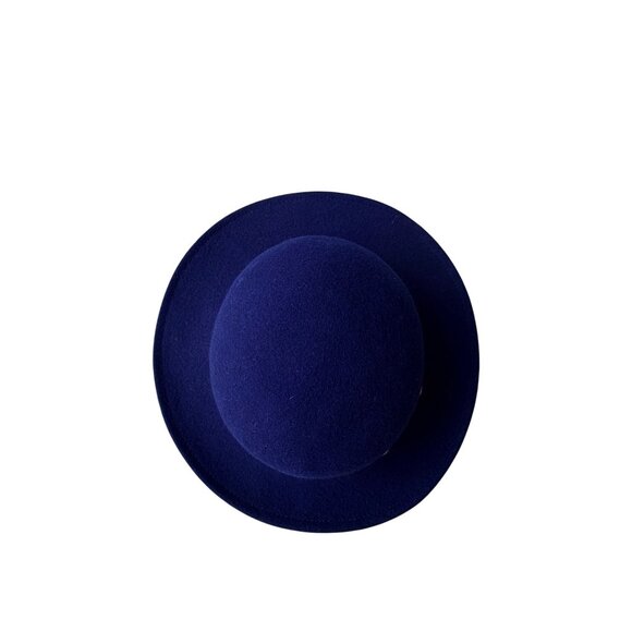 Vintage 1960s Navy Wool Wide Brim Hat with Ribbon & Gold Stud Trim Elegant - Picture 8 of 9